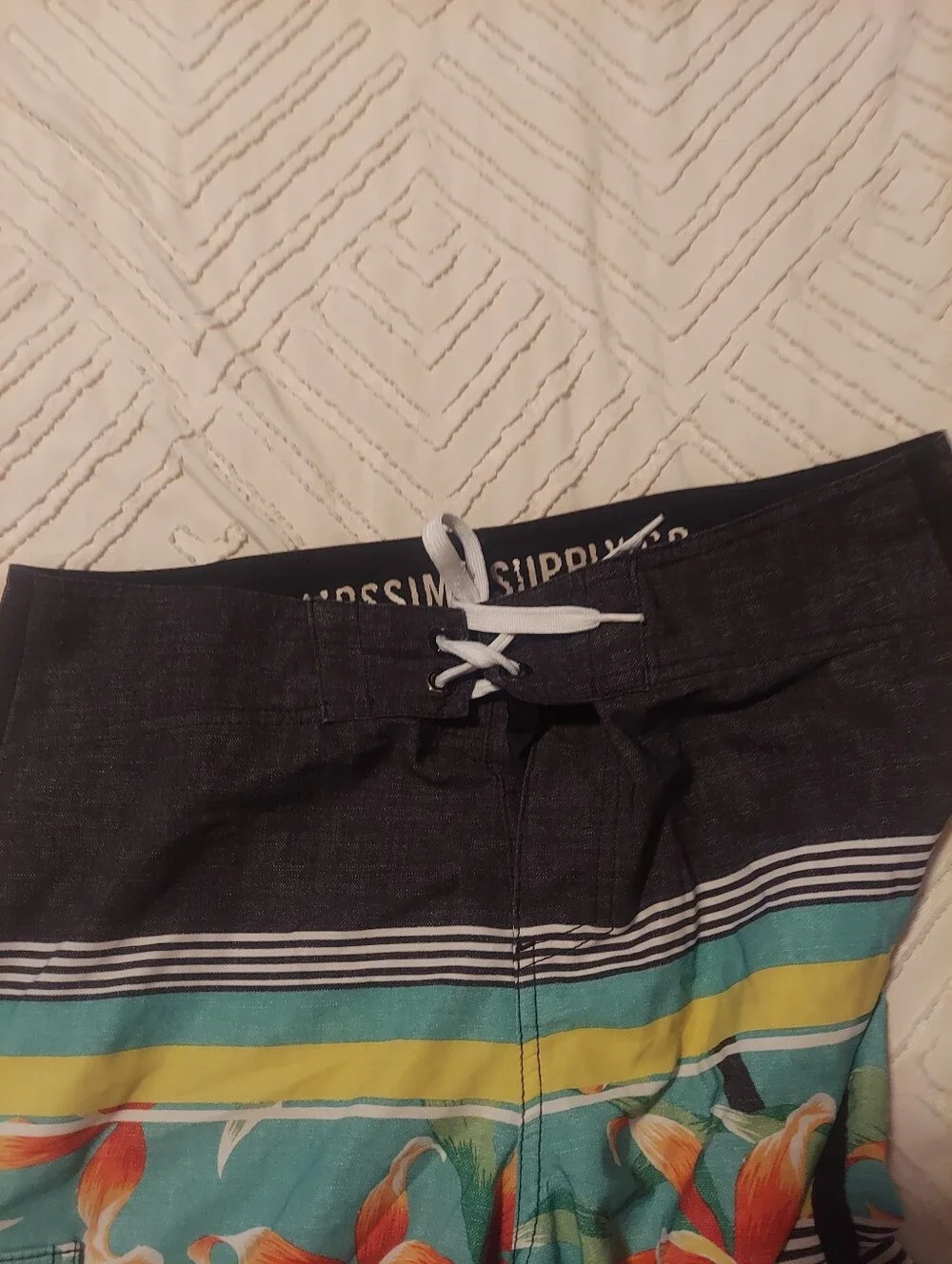 Mossimo Supply Co Mens Board Shorts Size 34 Floral Striped Swim Trunks Teal Oran